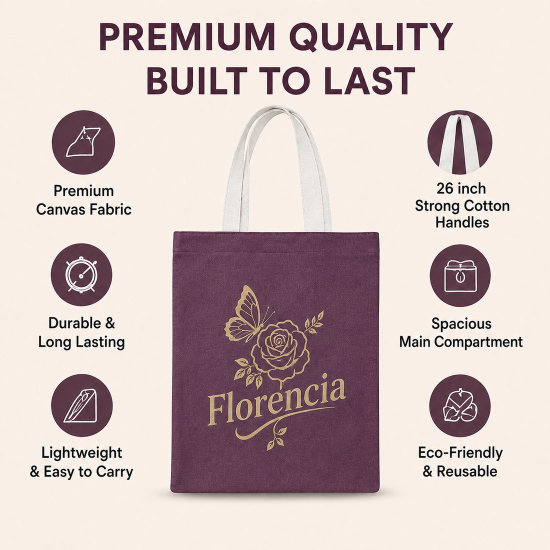 Custom 12×14 wine purple cotton canvas tote bag with 26-inch white cotton handles, 330 GSM reusable bag for logo printing, corporate gifting, retail packaging, and promotional branding.