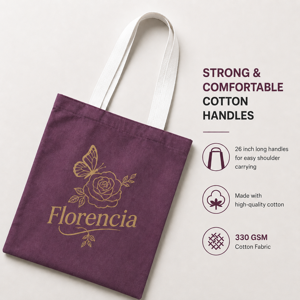 Custom 12×14 wine purple cotton canvas tote bag with 26-inch white cotton handles, 330 GSM reusable bag for logo printing, corporate gifting, retail packaging, and promotional branding.