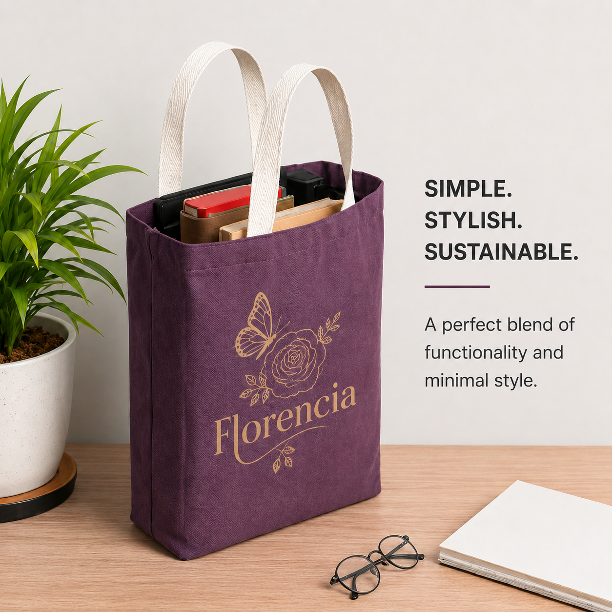 Custom 12×14 wine purple cotton canvas tote bag with 26-inch white cotton handles, 330 GSM reusable bag for logo printing, corporate gifting, retail packaging, and promotional branding.