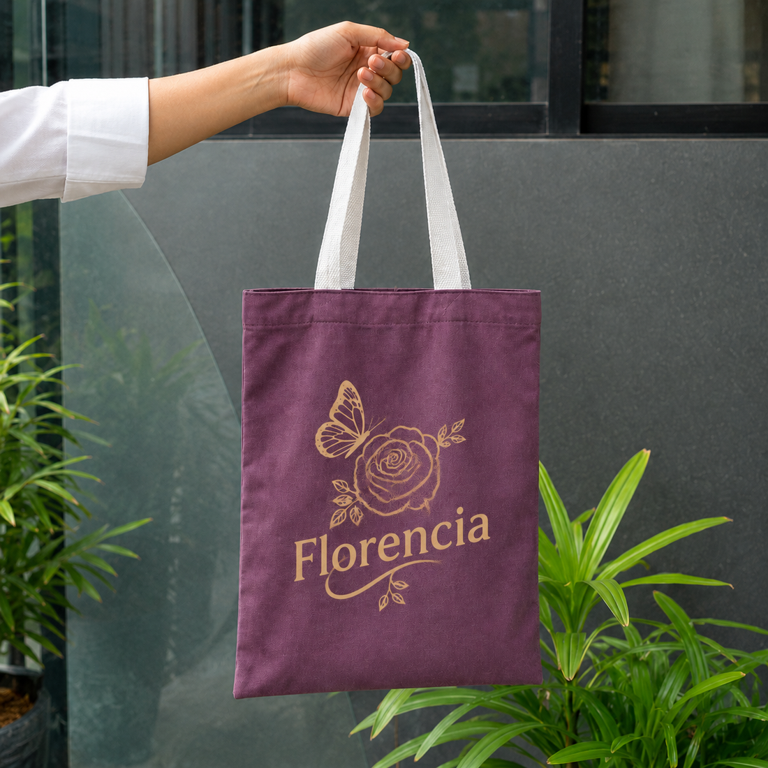 Custom 12×14 wine purple cotton canvas tote bag with 26-inch white cotton handles, 330 GSM reusable bag for logo printing, corporate gifting, retail packaging, and promotional branding.