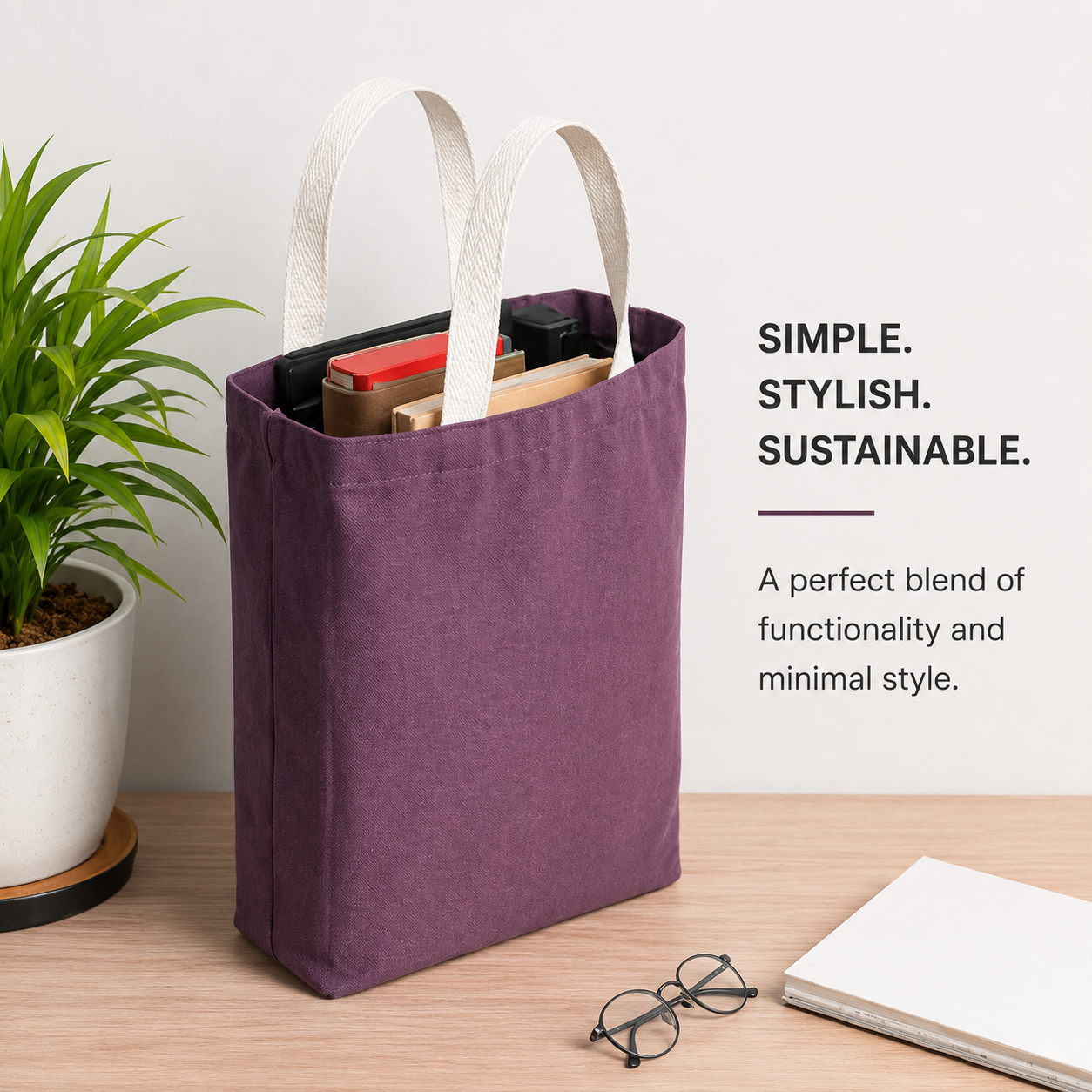 12×14 wine purple cotton canvas tote bag with 26-inch white cotton handles, made from 330 GSM fabric, reusable eco-friendly shopping bag for shopping, office, travel, gifting, and everyday use.