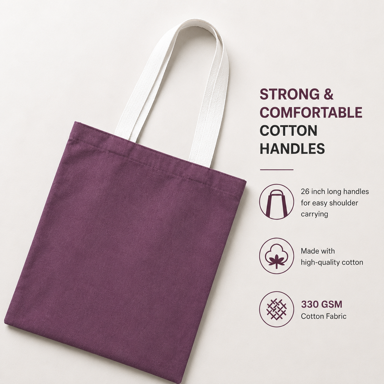 12×14 wine purple cotton canvas tote bag with 26-inch white cotton handles, made from 330 GSM fabric, reusable eco-friendly shopping bag for shopping, office, travel, gifting, and everyday use.