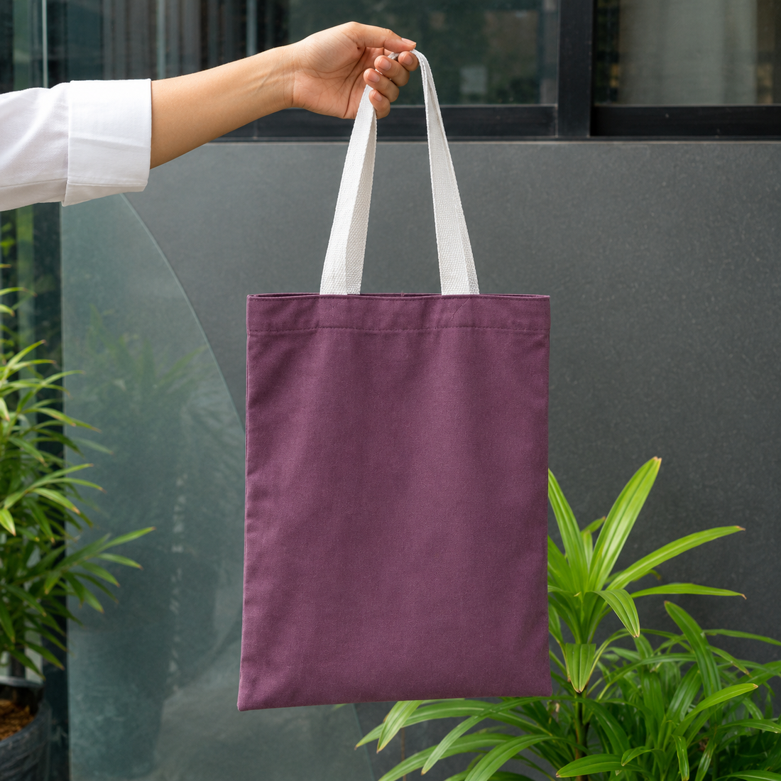 14×16 wine purple cotton canvas tote bag with 26-inch white cotton handles, made from 330 GSM fabric, reusable eco-friendly shopping bag for office, grocery shopping, gifting, travel, and everyday use.