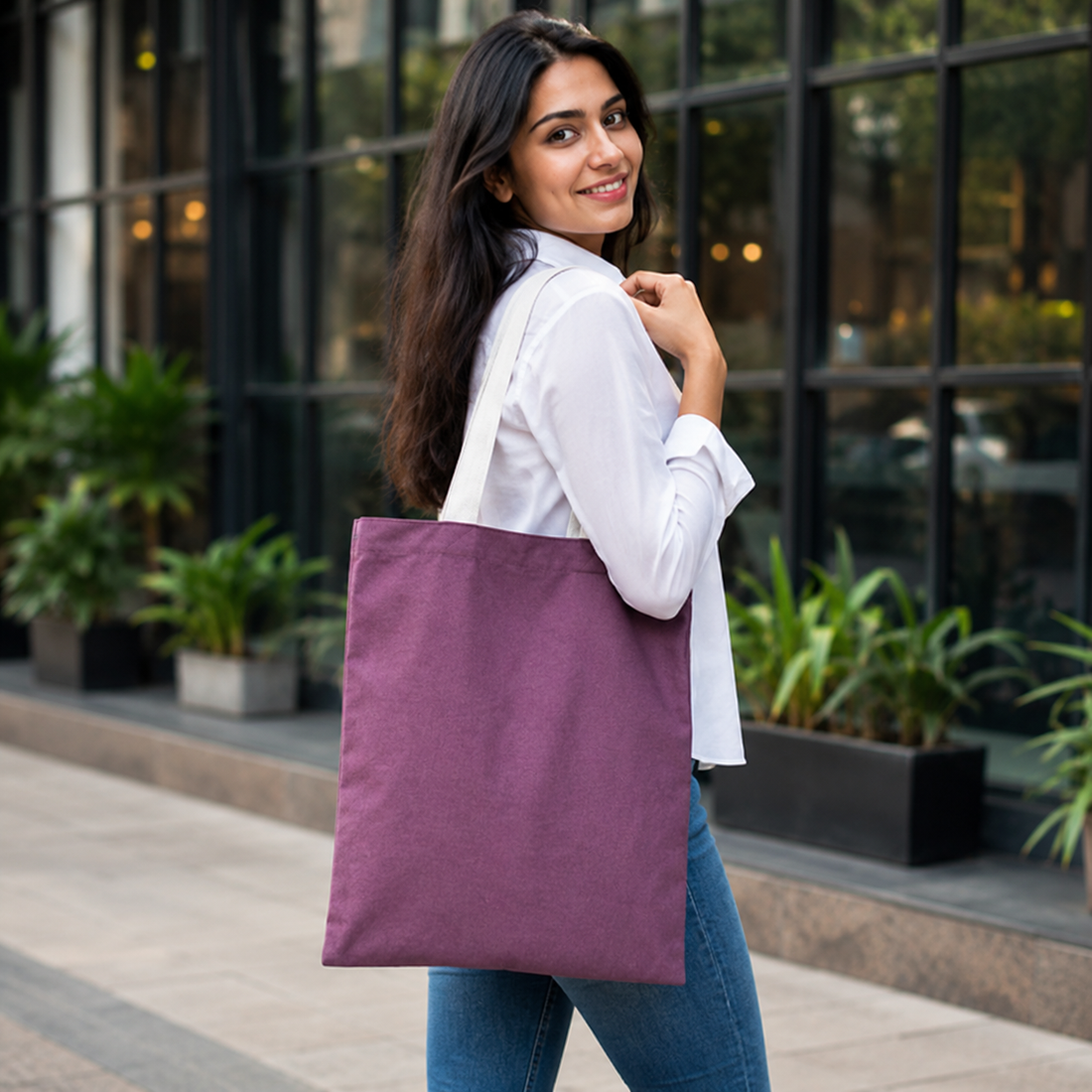 14×16 wine purple cotton canvas tote bag with 26-inch white cotton handles, made from 330 GSM fabric, reusable eco-friendly shopping bag for office, grocery shopping, gifting, travel, and everyday use.