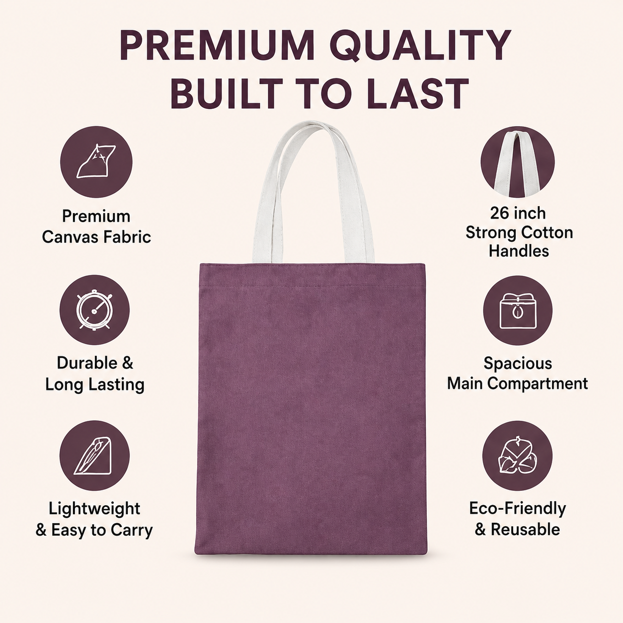 14×16 wine purple cotton canvas tote bag with 26-inch white cotton handles, made from 330 GSM fabric, reusable eco-friendly shopping bag for office, grocery shopping, gifting, travel, and everyday use.