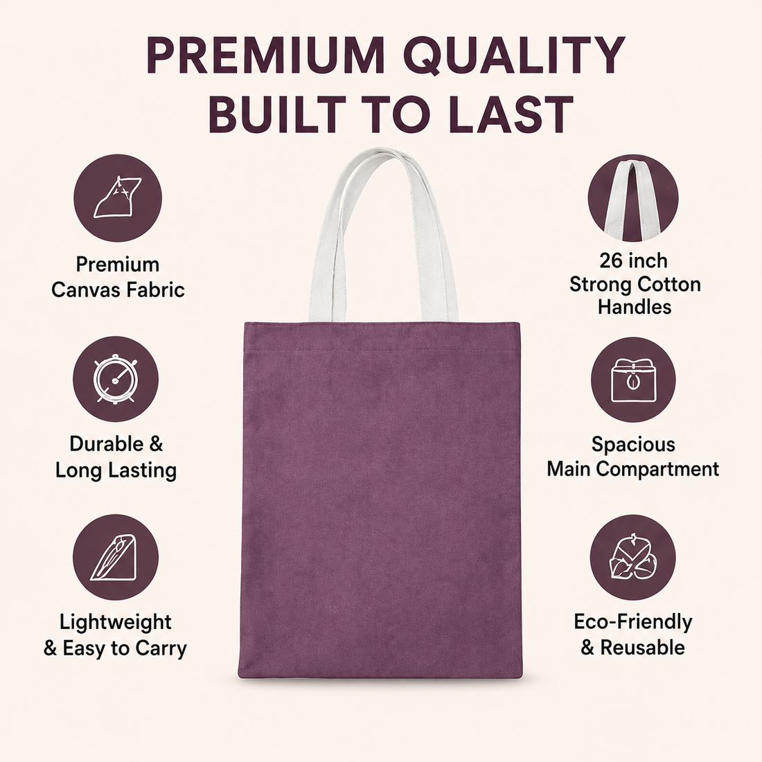 14×16 wine purple cotton canvas tote bag with 26-inch white cotton handles, made from 330 GSM fabric, reusable eco-friendly shopping bag for office, grocery shopping, gifting, travel, and everyday use.