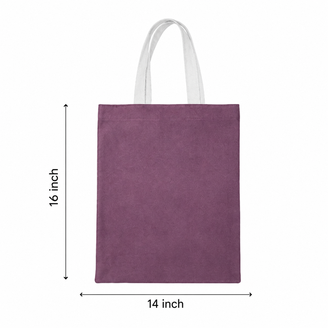 14×16 wine purple cotton canvas tote bag with 26-inch white cotton handles, made from 330 GSM fabric, reusable eco-friendly shopping bag for office, grocery shopping, gifting, travel, and everyday use.